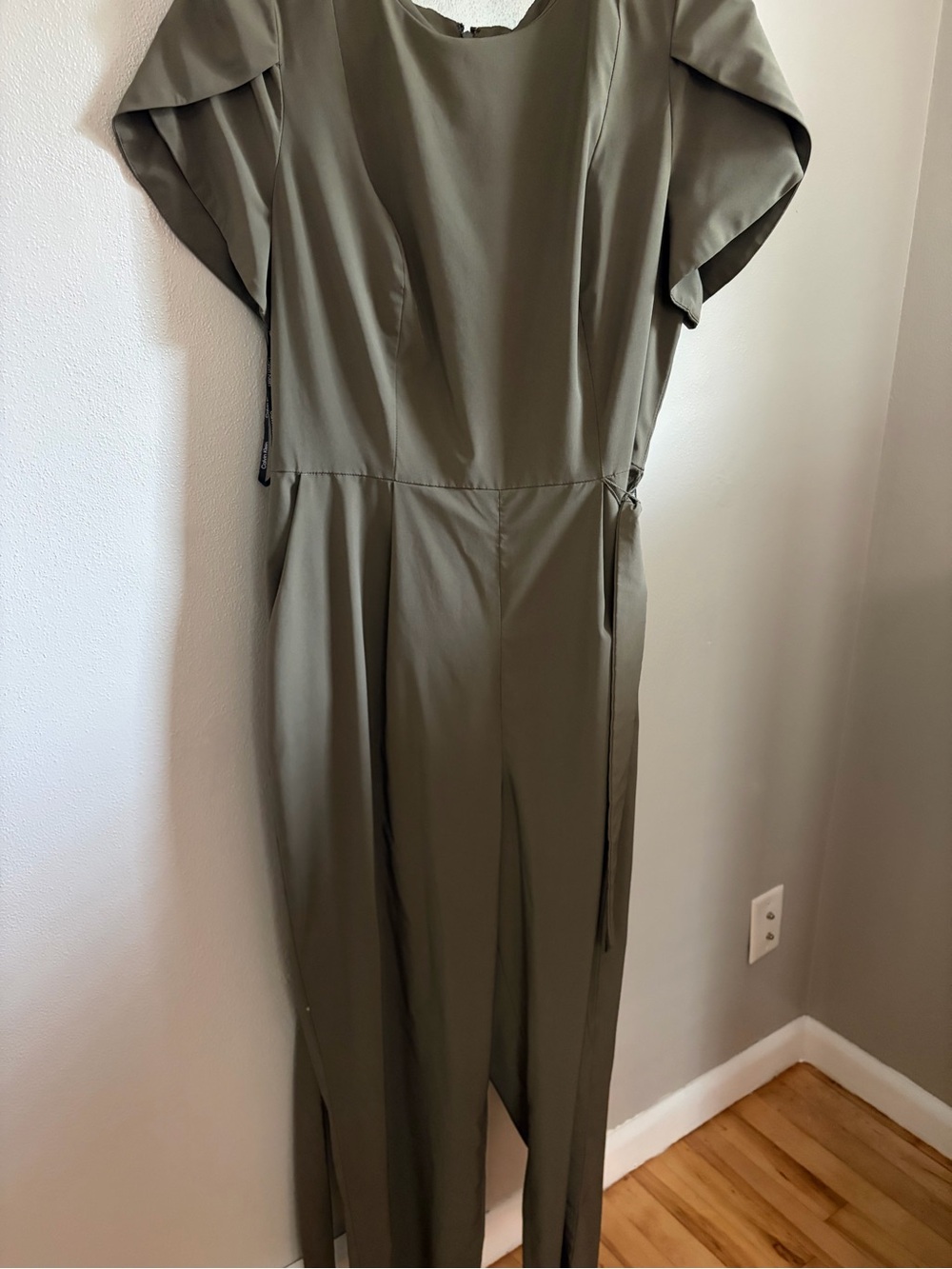 Calvin Klein Olive Jumpsuit with Side Tie and petal sleeves